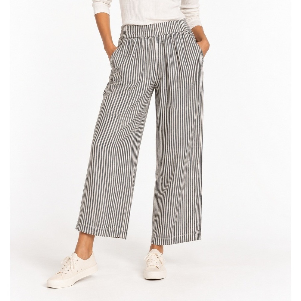 Marine Layer Allison Hemp Trouser Navy Striped Wide Leg Cropped Pants Large NWOT